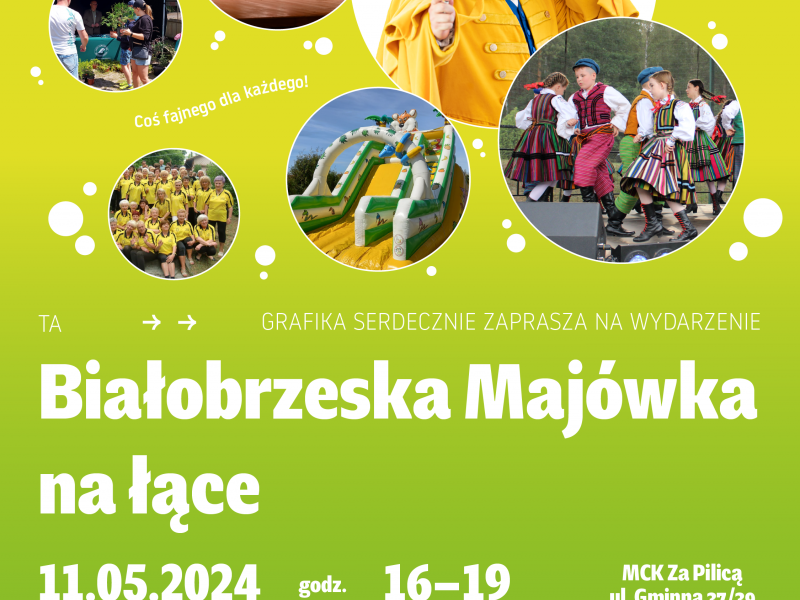 Na zdjęciu plakat Białobrzeskiej majówki. Na plakacie archiwalne zdjęcia z animacji na majówkę