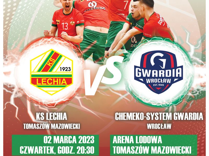 Na zdjęciu plakat meczu suatkarzy Lechii z Chemeko-System Gwardia Wrocław w ramach Tauron 1. Ligi siatkarzy. Na plakacie siatkarze Lechii podczas odbioru piłki i serwisu