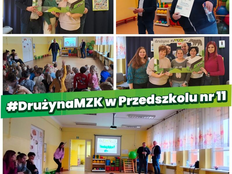 Na zdjęciu kolaż zdjęć ze spotkania pracowników MZK z przedszkolakami