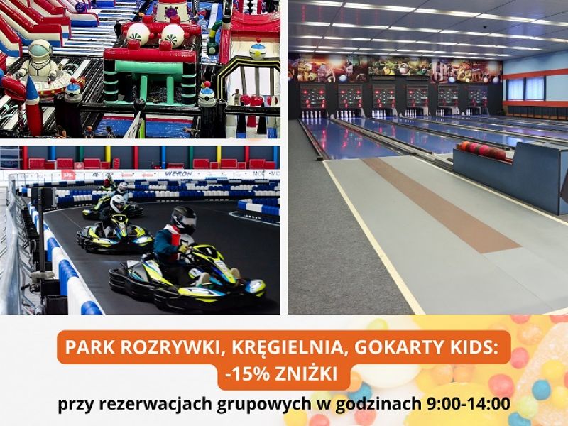 Na zdjęciu plakat z ofertą Areny na Dzień Chłopaka. Na plakacie Park Rozrywki, Gokarty, Kręgielnia oraz szczegóły oferty