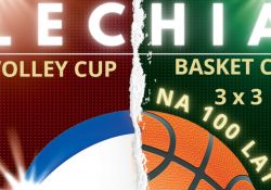 Na zdjęciu baner dwóch turniejów zorganizowanych na 100-lecie KS Lechia. Na banerze sklejone ze sobą piłki do siatkówki i koszykówki